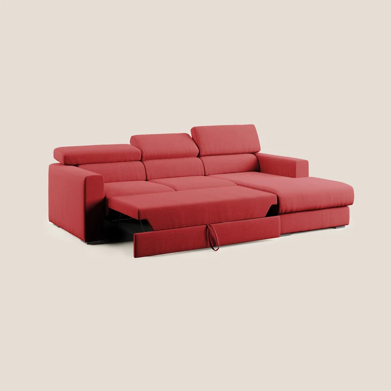 Dylan canapé d'angle avec méridienne et pouf extractible en tissu imperméable T13 rouge