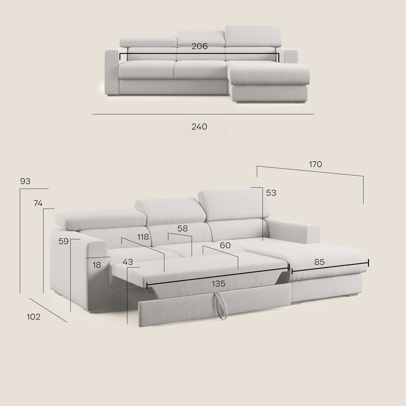 Dylan canapé d'angle avec méridienne et pouf extractible en tissu imperméable T13 rouge