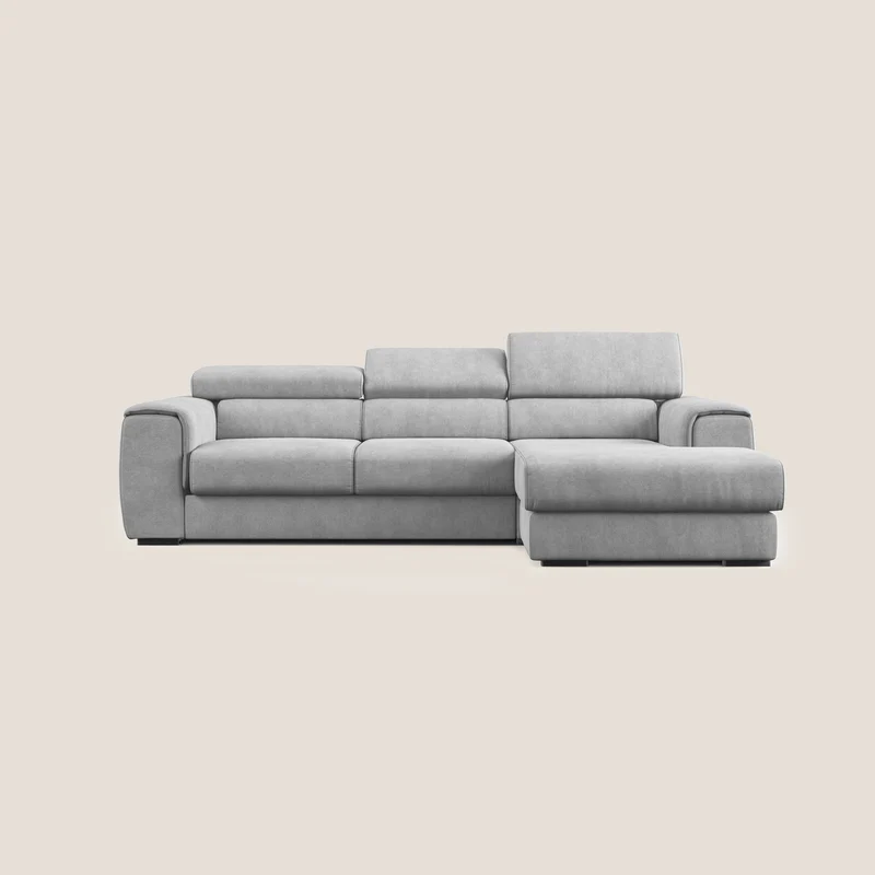 Zeno canapé d'angle et pouf extractible en tissu doux imperméable T02 gris clair