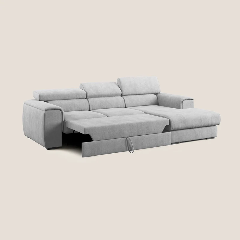 Zeno canapé d'angle et pouf extractible en tissu doux imperméable T02 gris clair