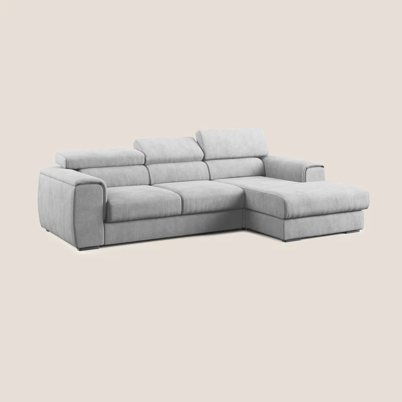 Zeno canapé d'angle et pouf extractible en tissu doux imperméable T02 gris clair