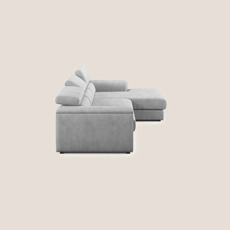 Zeno canapé d'angle et pouf extractible en tissu doux imperméable T02 gris clair