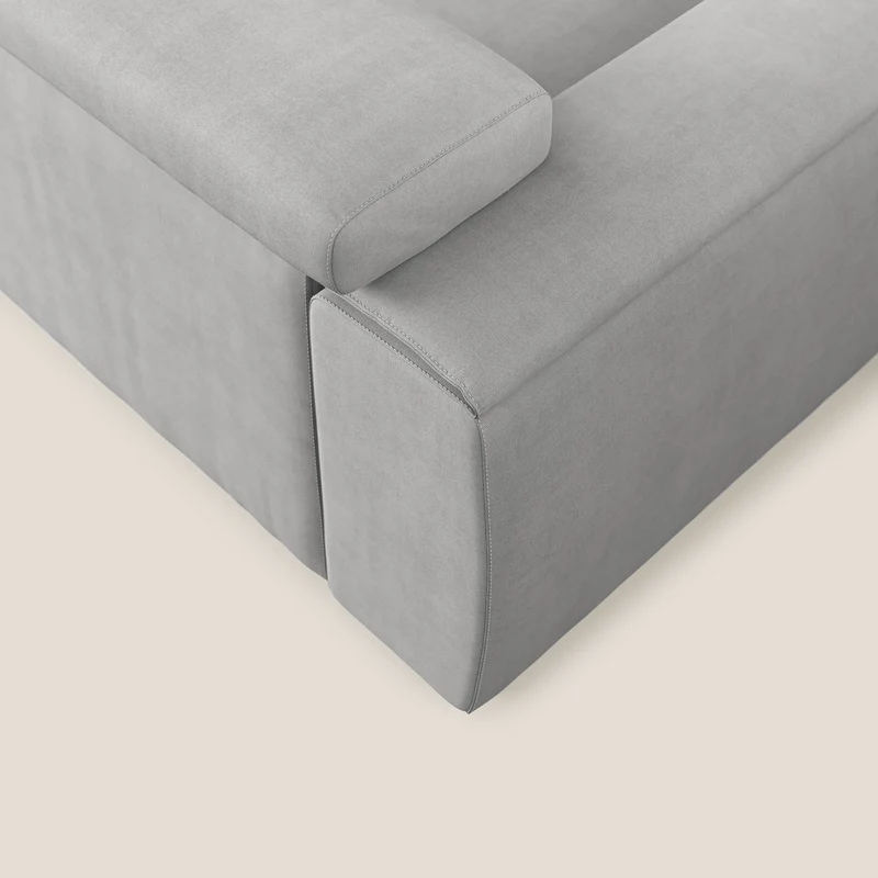 Zeno canapé d'angle et pouf extractible en tissu doux imperméable T02 gris clair
