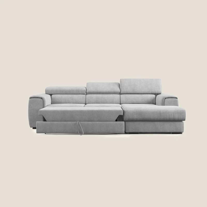 Zeno canapé d'angle et pouf extractible en tissu doux imperméable T02 gris clair