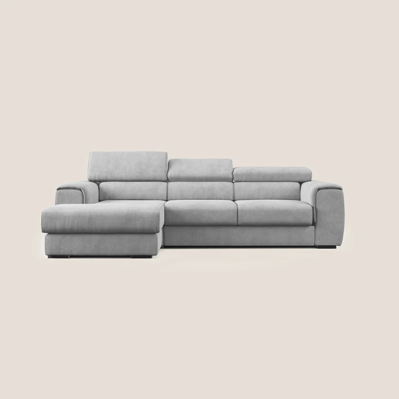 Zeno canapé d'angle et pouf extractible en tissu doux imperméable T02 gris clair