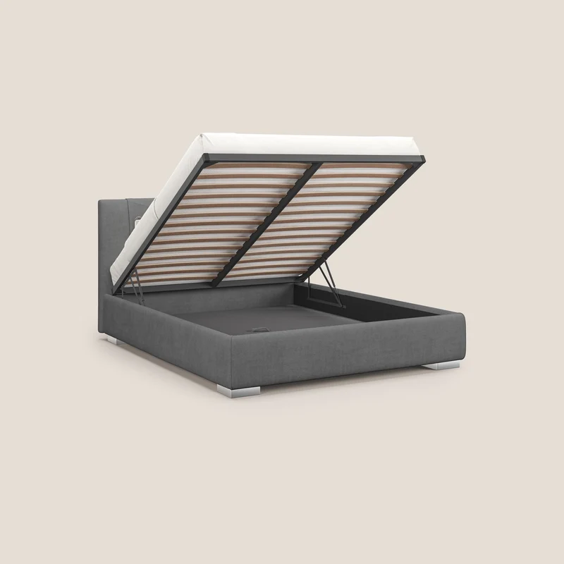 Horus lit rembourré avec coffre et prise USB sur la tête de lit en tissu imperméable T02 gris