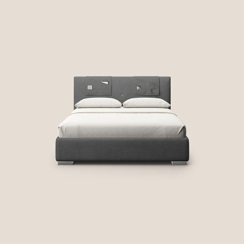 Horus lit rembourré avec coffre et prise USB sur la tête de lit en tissu imperméable T02 gris