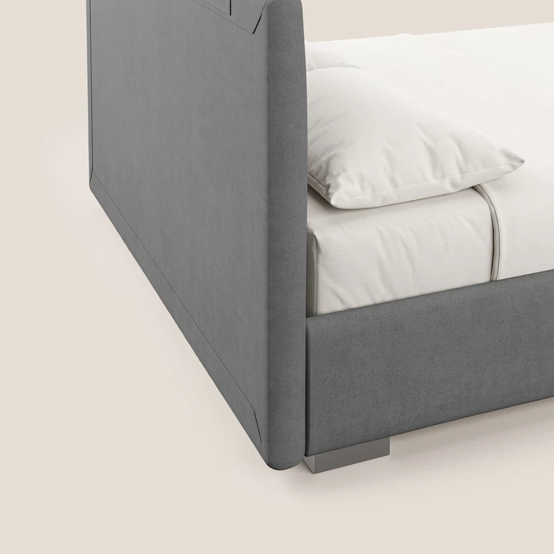 Horus lit rembourré avec coffre et prise USB sur la tête de lit en tissu imperméable T02 gris