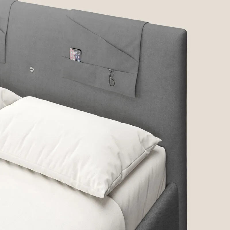 Horus lit rembourré avec coffre et prise USB sur la tête de lit en tissu imperméable T02 gris