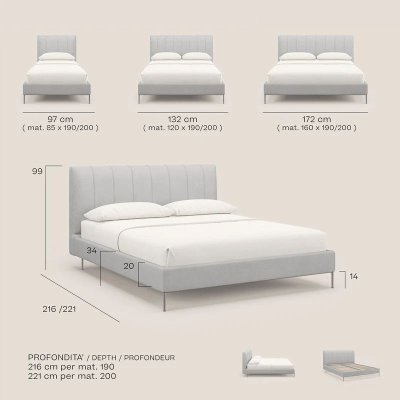 Calliope lit rembourré aux pieds hauts complètement déhoussable en tissu détachable T17 gris