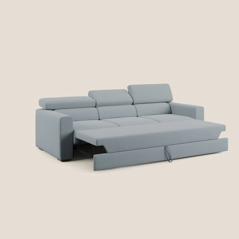 Dylan canapé avec pouf extractible à 3 assises en tissu flamme effet coton impermeabile T19 bleu gris