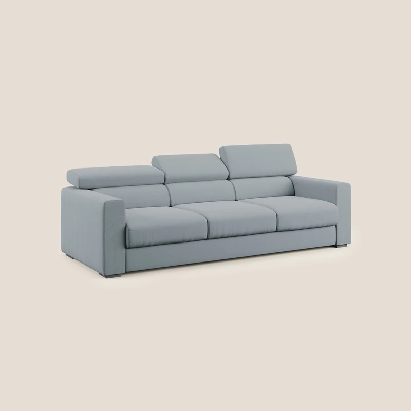Dylan canapé avec pouf extractible à 3 assises en tissu flamme effet coton impermeabile T19 bleu gris