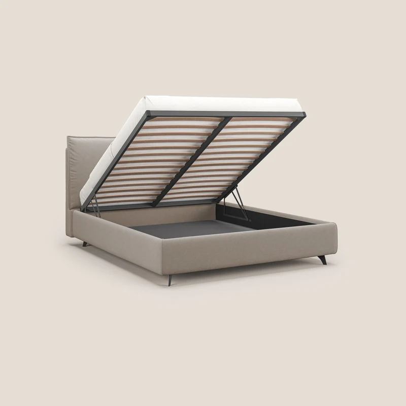 Nives lit rembourré avec coffre déhoussable en microfibre velours imperméable T09 Taupe tortora