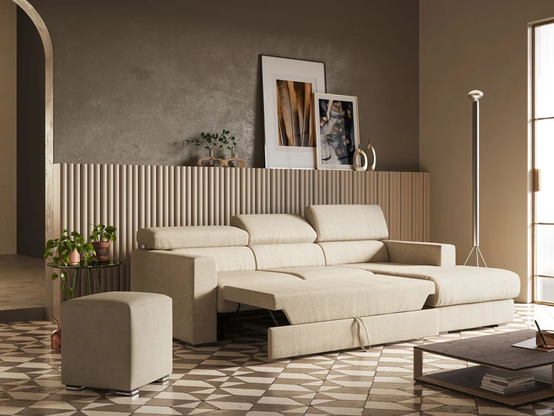 Dylan canapé d'angle avec méridienne et pouf extractible en tissu imperméable T13 beige