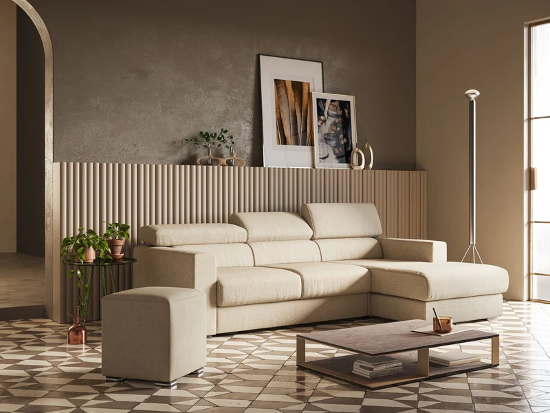 Dylan canapé d'angle avec méridienne et pouf extractible en tissu imperméable T13 beige
