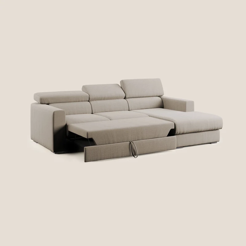 Dylan canapé d'angle avec méridienne et pouf extractible en tissu imperméable T13 beige