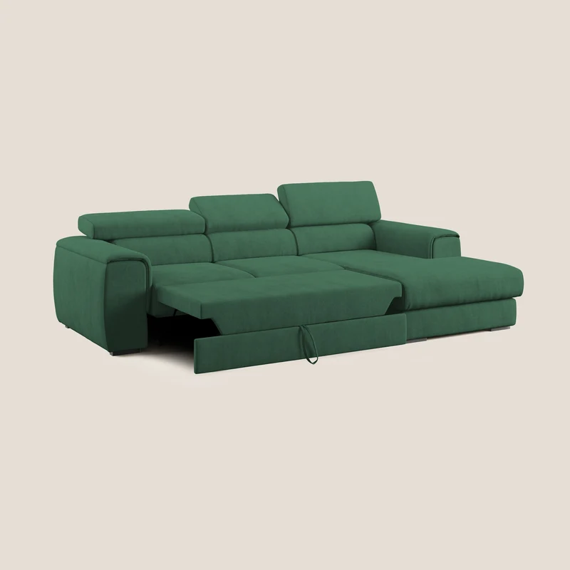 Zeno canapé d'angle et pouf extractible en tissu doux imperméable T02 vert