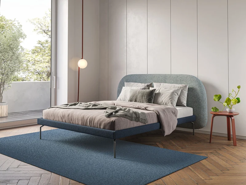 Soleil lit rembourré design avec pieds hauts en métal en bouclette détachable T12 bleu gris