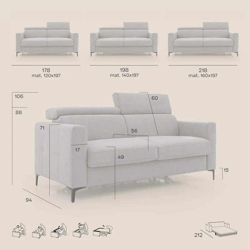 Gardenia canapé convertible matelas H 18cm avec têtières réglables et revêtement imperméable T02 rouge