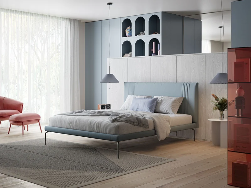 Finn lit rembourré avec pieds hauts en métal en tissu détachable T05 bleu gris
