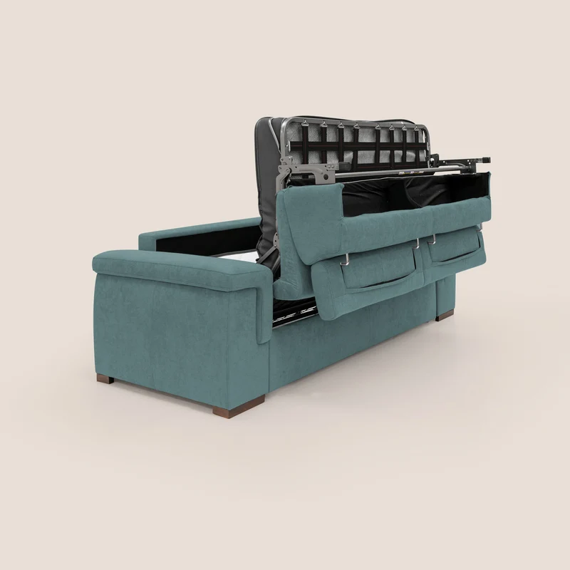 Giunone canapé convertible avec matelas de 18 cm et têtières inclinables en tissu imperméable T02 bleu canard