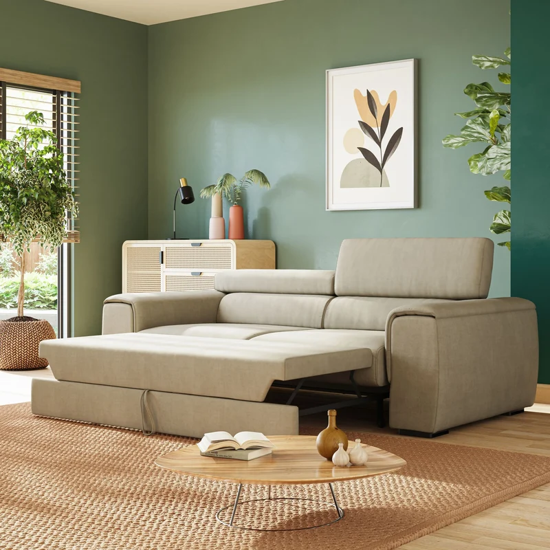 Zeno canapé linéaire avec pouf extractible en tissu doux imperméable T02 crème