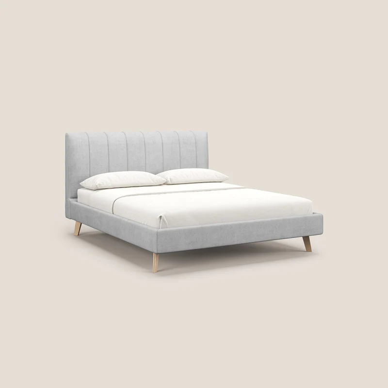 Selene lit rembourré avec pieds bois naturel déhoussable en tissu imperméable T02 gris clair