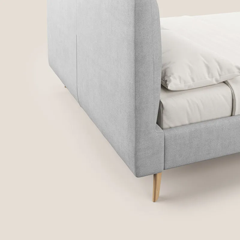 Selene lit rembourré avec pieds bois naturel déhoussable en tissu imperméable T02 gris clair