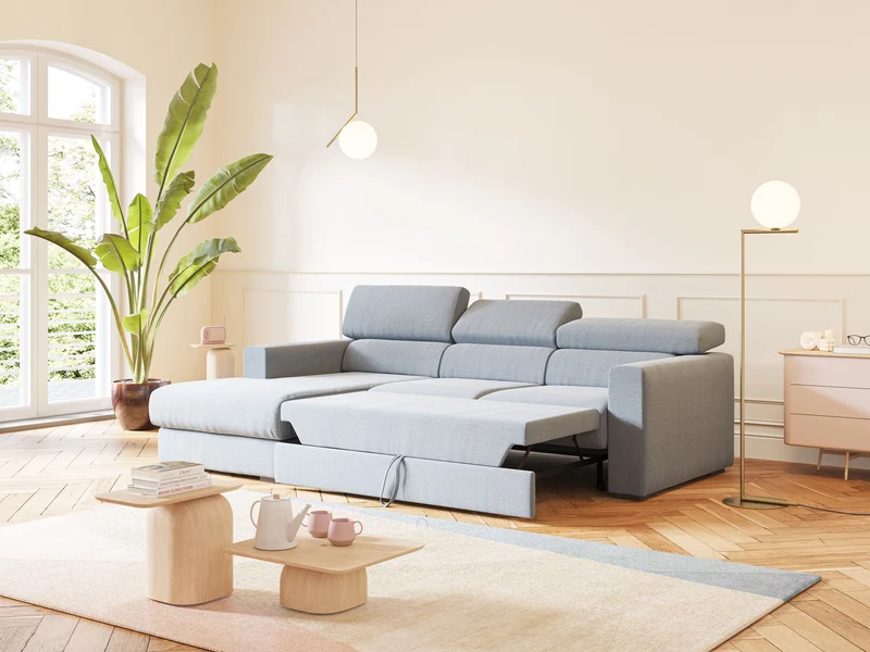 Dylan canapé d'angle avec méridienne et pouf extractible en tissu flammé effet coton imperméable T19 bleu pastel