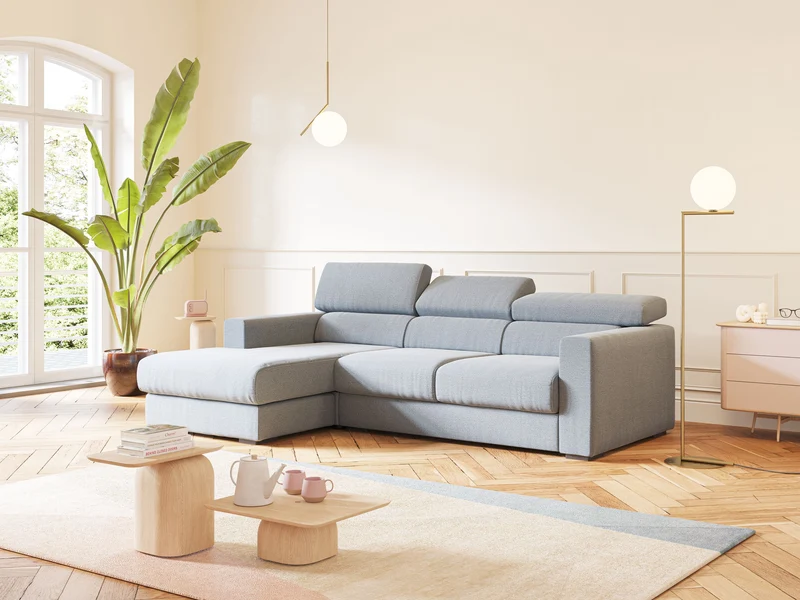 Dylan canapé d'angle avec méridienne et pouf extractible en tissu flammé effet coton imperméable T19 bleu pastel