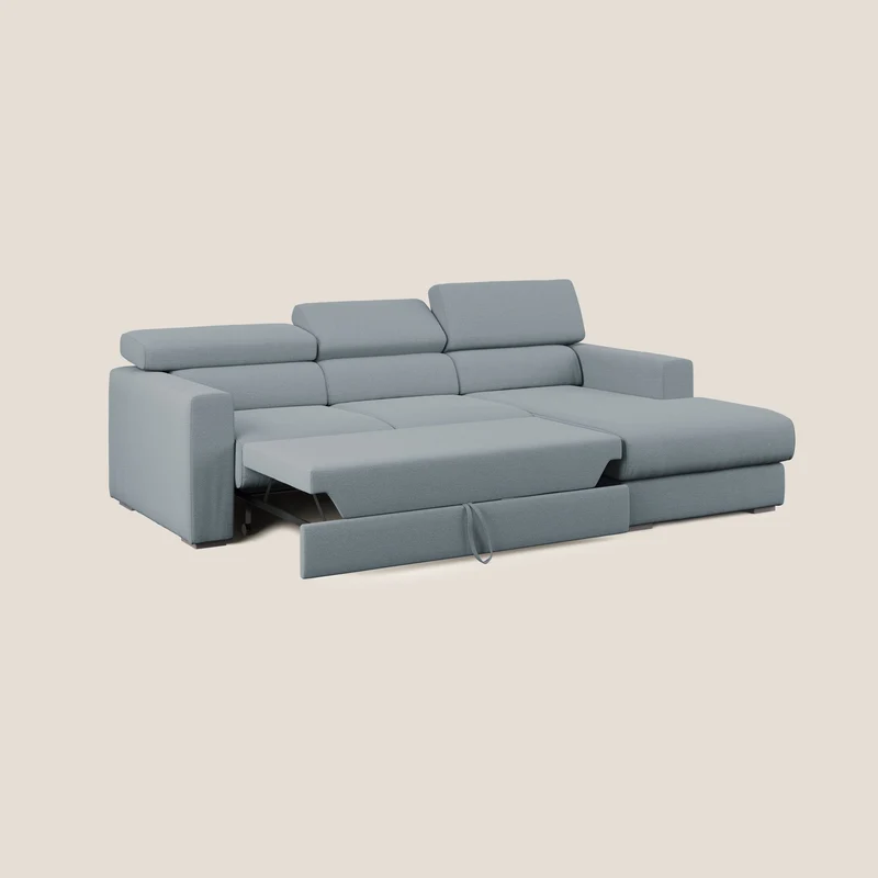 Dylan canapé d'angle avec méridienne et pouf extractible en tissu flammé effet coton imperméable T19 bleu pastel