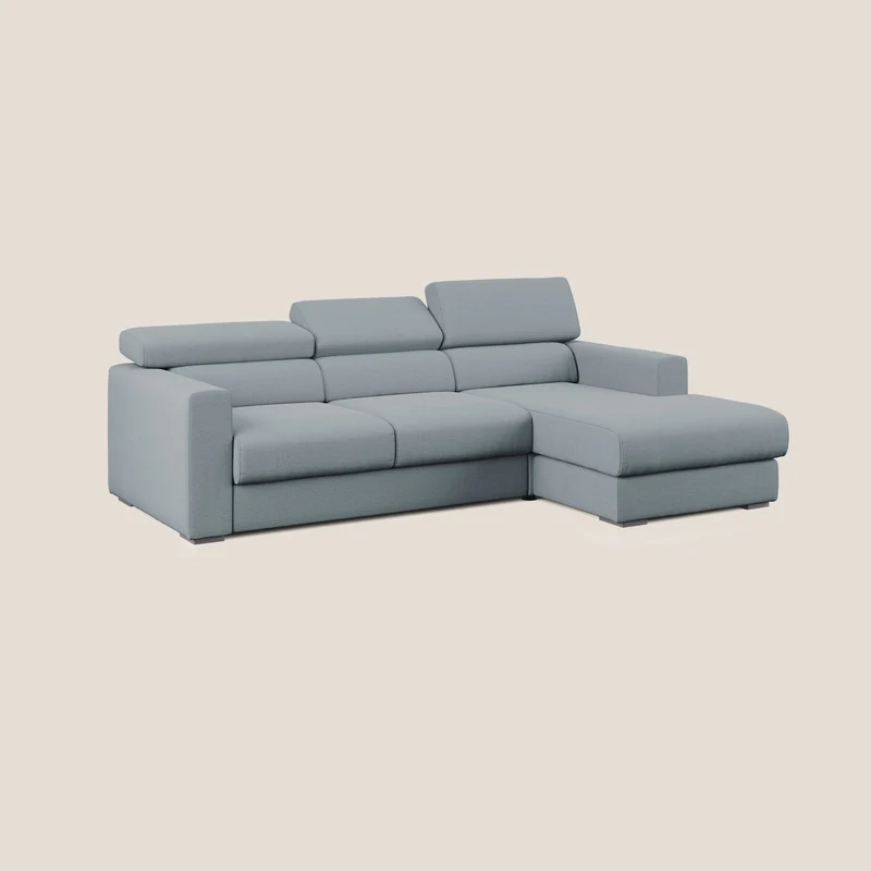 Dylan canapé d'angle avec méridienne et pouf extractible en tissu flammé effet coton imperméable T19 bleu pastel
