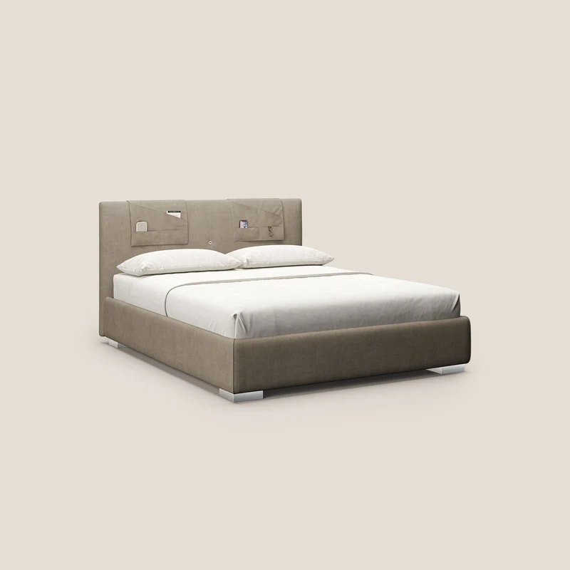 Horus lit rembourré avec coffre et prise USB sur la tête de lit en tissu imperméable T02 beige