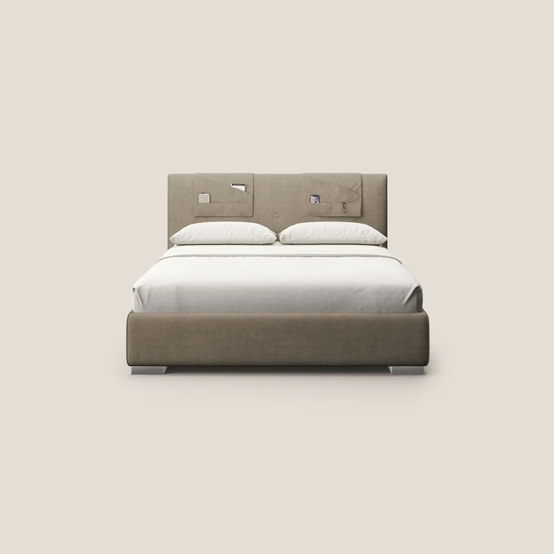 Horus lit rembourré avec coffre et prise USB sur la tête de lit en tissu imperméable T02 beige