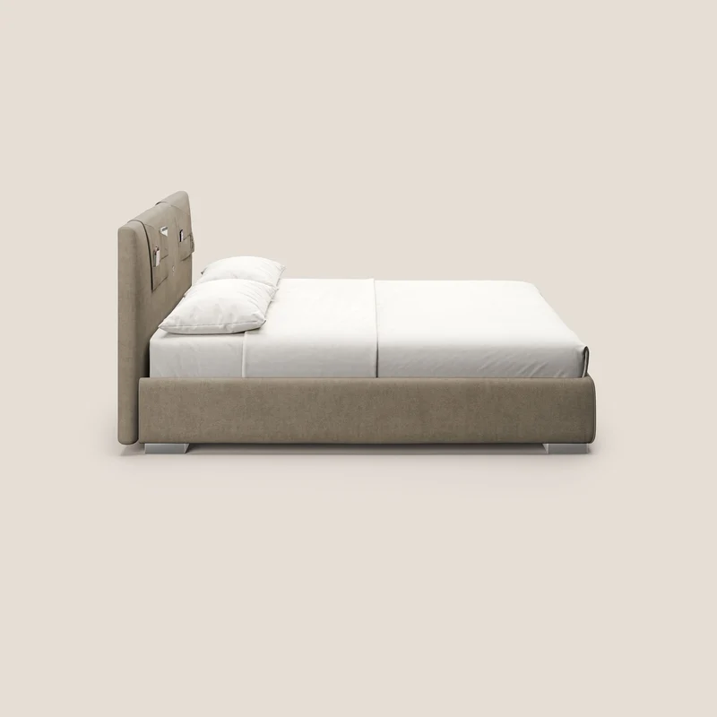 Horus lit rembourré avec coffre et prise USB sur la tête de lit en tissu imperméable T02 beige