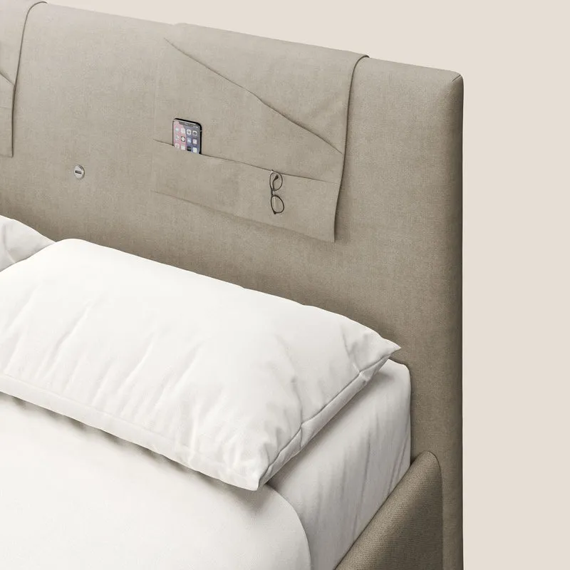 Horus lit rembourré avec coffre et prise USB sur la tête de lit en tissu imperméable T02 beige