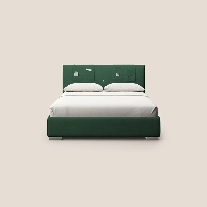 Horus lit rembourré avec coffre et prise USB sur la tête de lit en tissu imperméable T02 vert