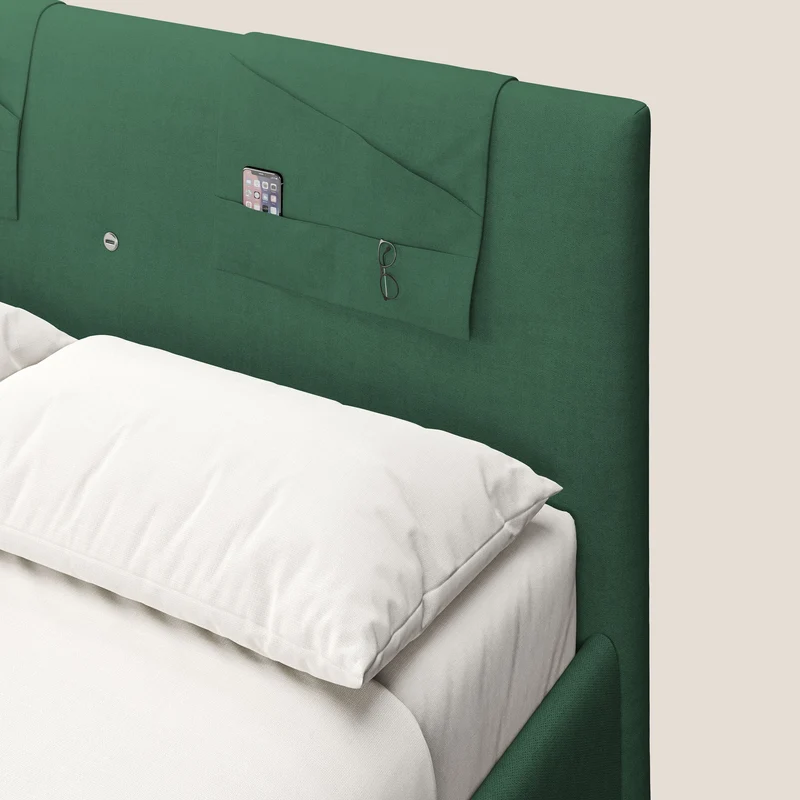 Horus lit rembourré avec coffre et prise USB sur la tête de lit en tissu imperméable T02 vert