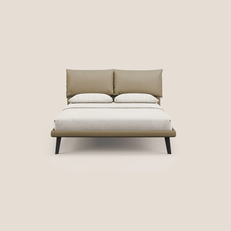 Astrid lit rembourré avec pieds en bois en microfibre détachable T11 beige