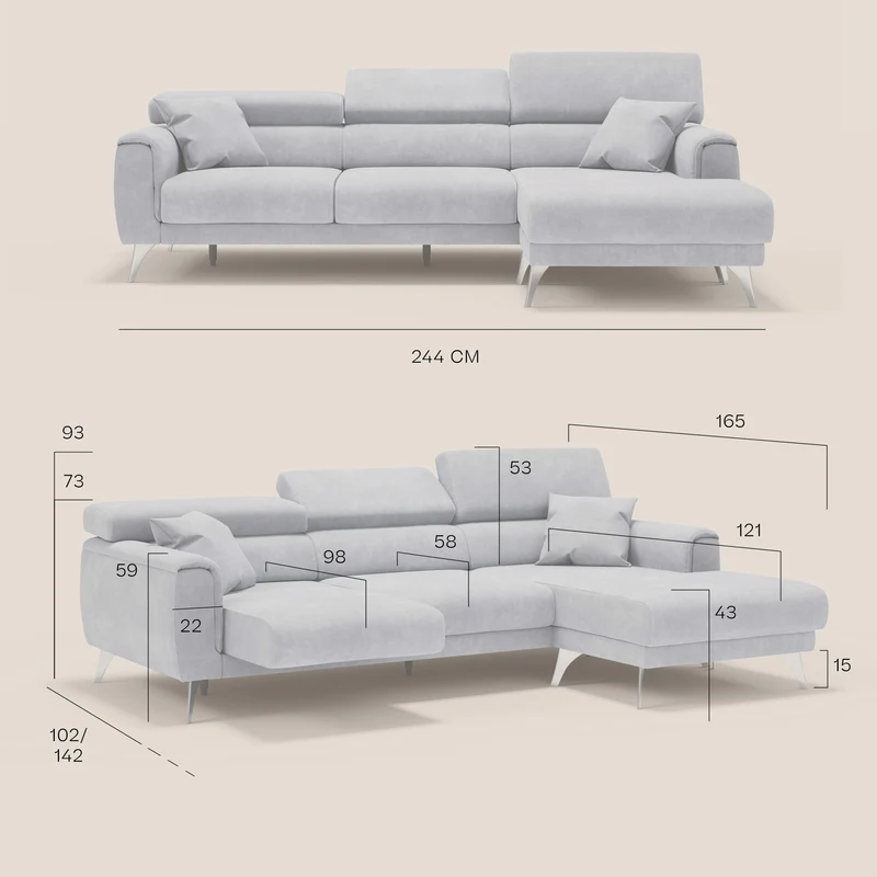Caravaggio Canapé d'angle avec assises coulissantes en tissu doux imperméable T02 gris clair