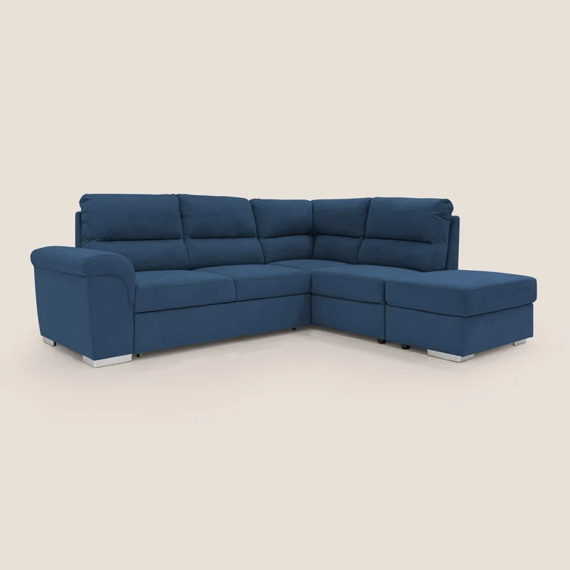 Minerva canapé d'angle avec angle et pouf extractible en tissu doux imperméable T02 bleu