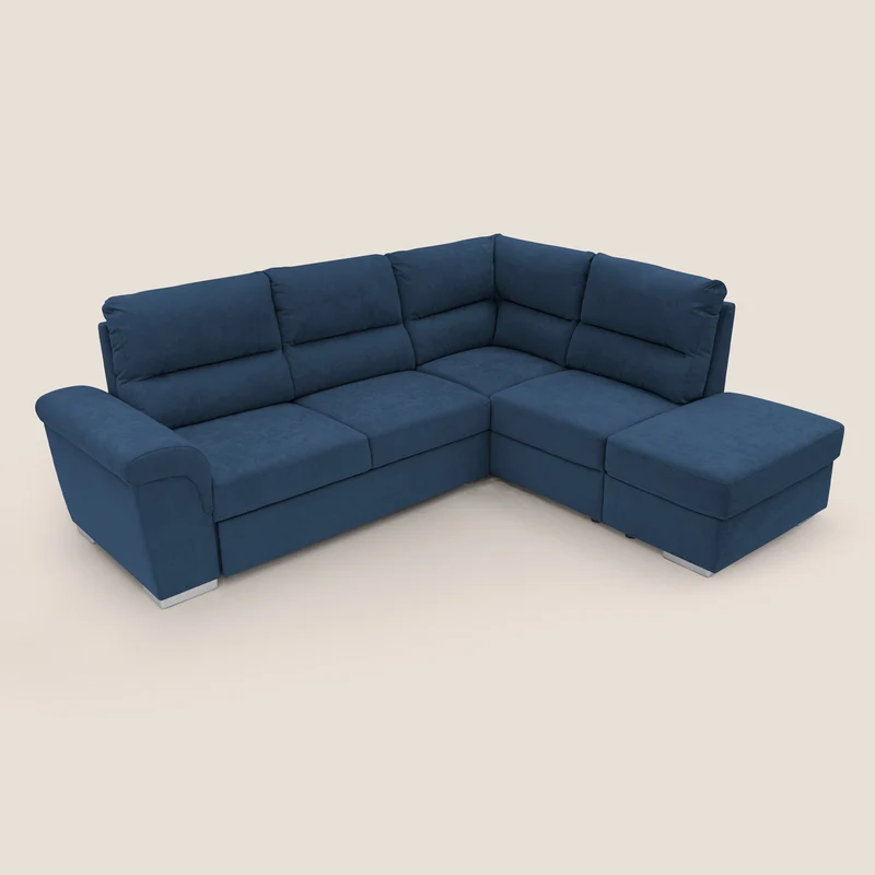 Minerva canapé d'angle avec angle et pouf extractible en tissu doux imperméable T02 bleu