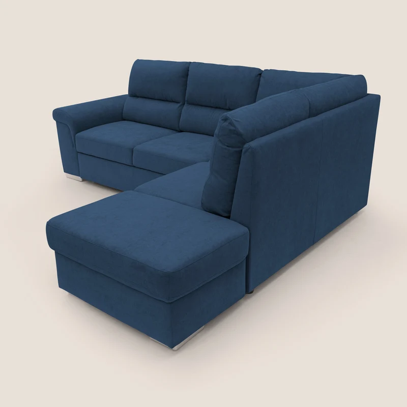 Minerva canapé d'angle avec angle et pouf extractible en tissu doux imperméable T02 bleu