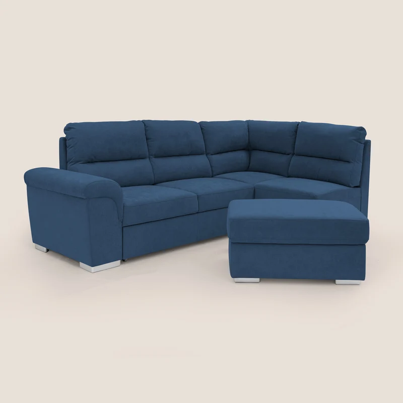 Minerva canapé d'angle avec angle et pouf extractible en tissu doux imperméable T02 bleu