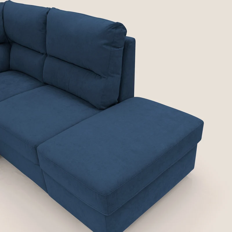 Minerva canapé d'angle avec angle et pouf extractible en tissu doux imperméable T02 bleu