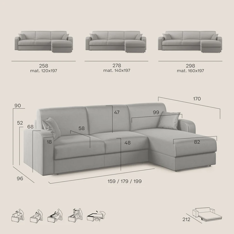 Lebron Canapé-lit d’angle avec méridienne en velours doux T01 gris clair