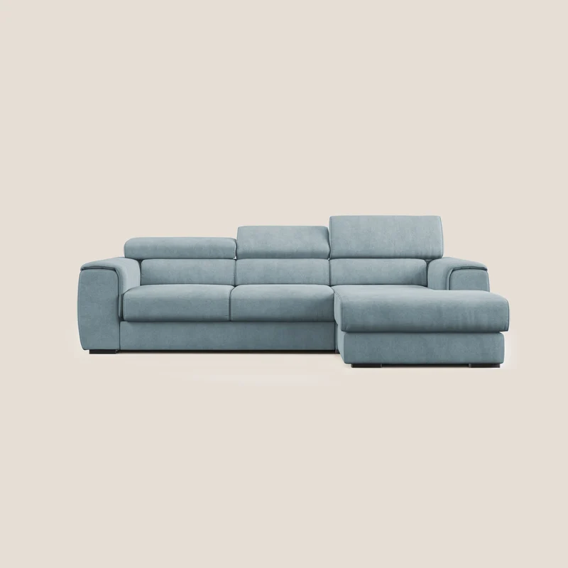 Zeno canapé d'angle et pouf extractible en tissu doux imperméable T02 Bleu pastel