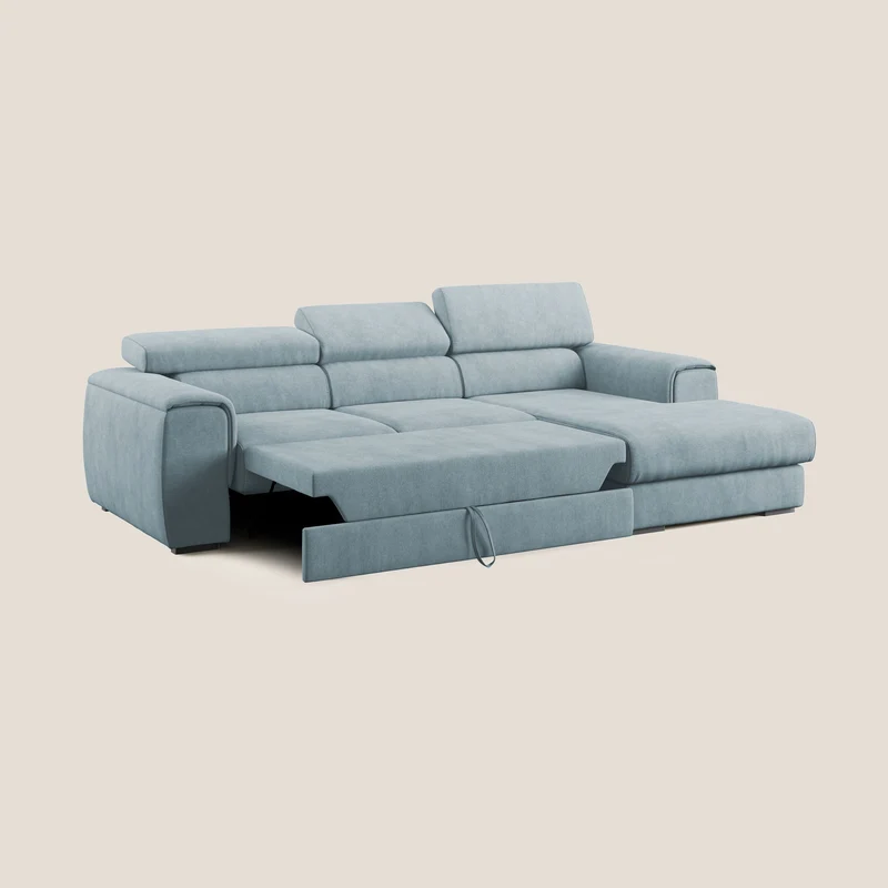 Zeno canapé d'angle et pouf extractible en tissu doux imperméable T02 Bleu pastel