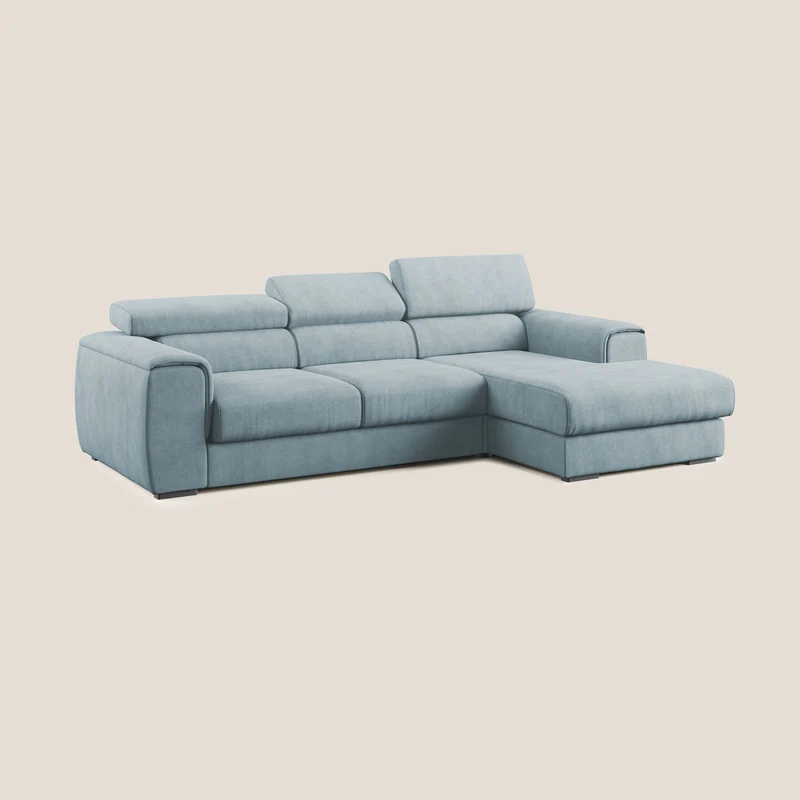 Zeno canapé d'angle et pouf extractible en tissu doux imperméable T02 Bleu pastel