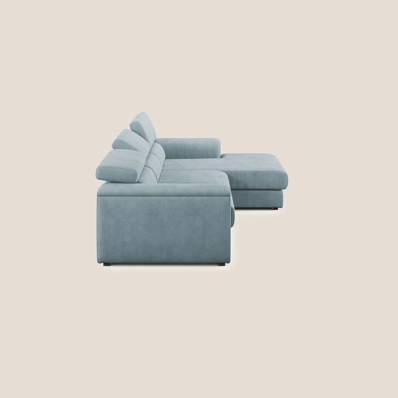 Zeno canapé d'angle et pouf extractible en tissu doux imperméable T02 Bleu pastel